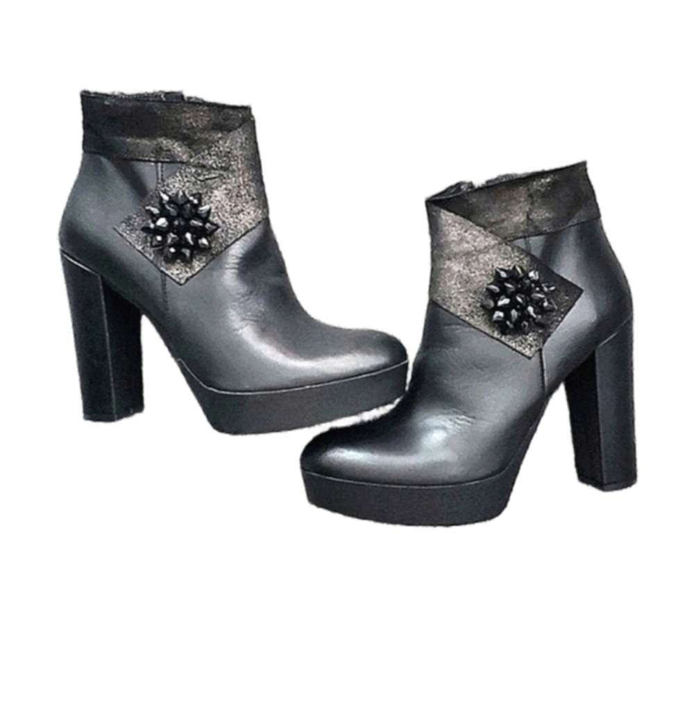 Platform Whimsigoth Zip-Up Leather Boots Chunky Heel Side Embellished Size 39